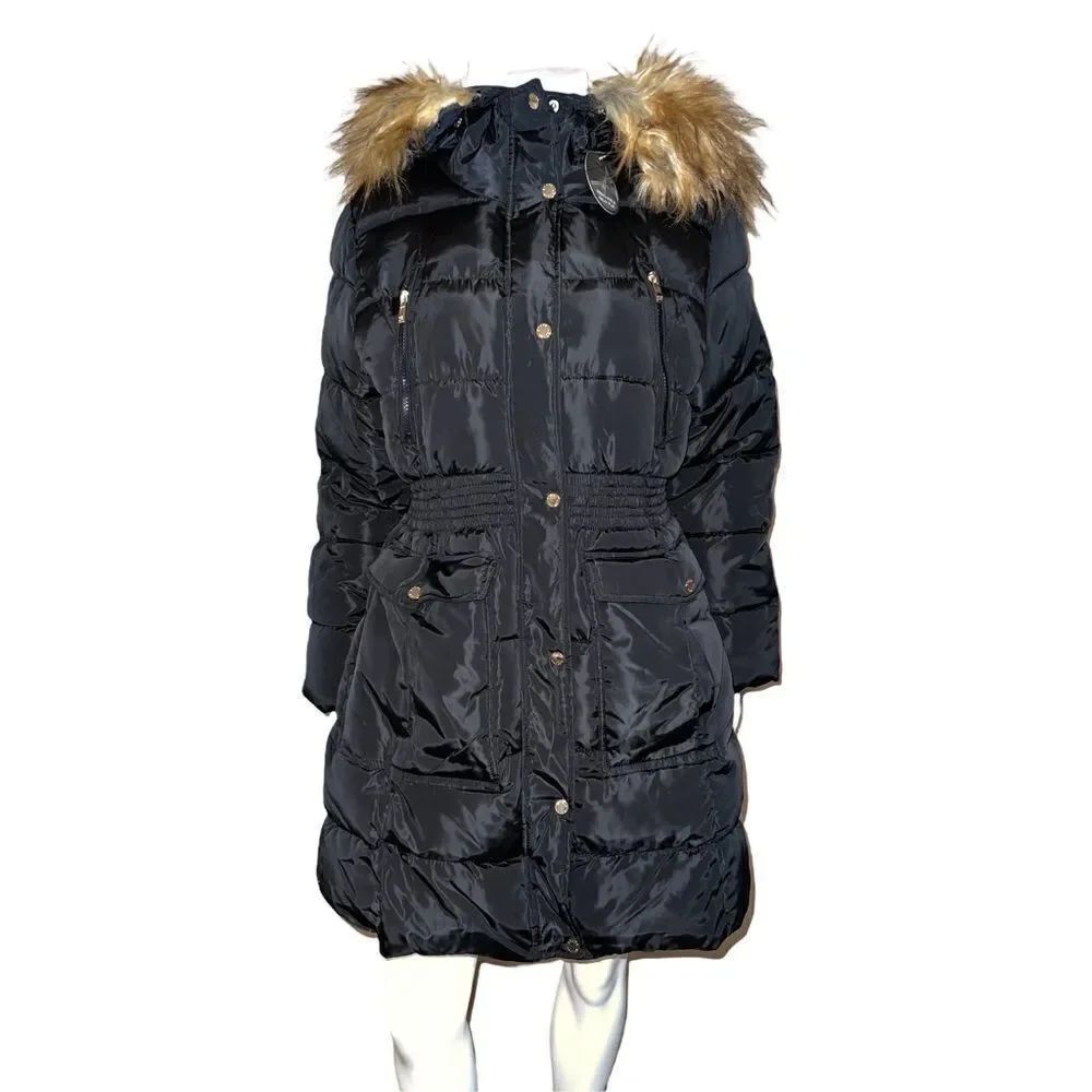 Steve Madden Juniors Faux-Fur-Trim Hooded Black Puffer Coat Small NWT